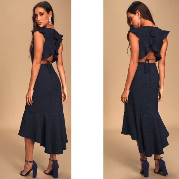 Lulu's Jacquard Sophisticated Soiree Navy Blue High Low Open Back Ruffles - Picture 2 of 15